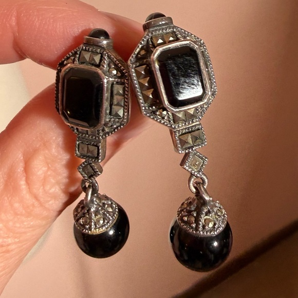 Judith Jack vintage Art Deco Sterling silver Onyx Dangle Earrings - Picture 3 of 16